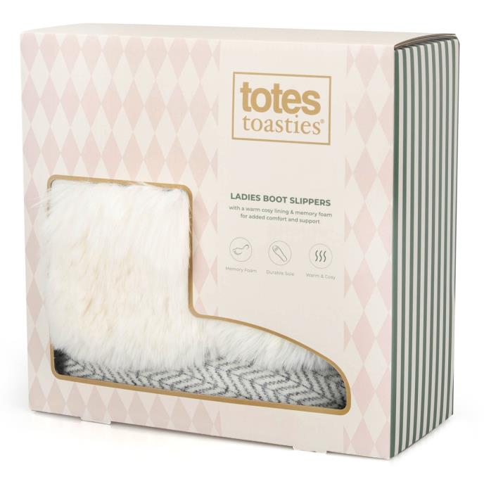 totes toasties® Ladies Cable Knit Boot Slippers With Pom Pom Cream Multi Extra Image 1